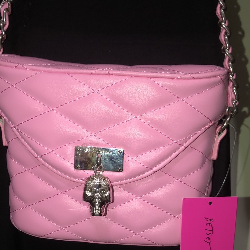 Betsey Johnson Pink Quilted Crossbody with Silver Skull Charm